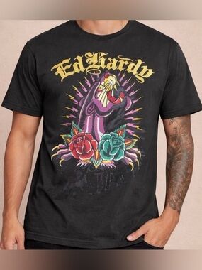 Ed Hardy Black Tee with Red and Teal Rose Graphic